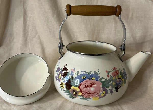 Vintage Enamel Metal Floral Teapot With Wooden Knob & Handle
