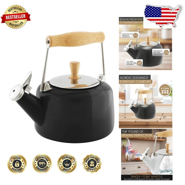 Elegant 1.4 Qt Black Enamel Whistling Teakettle with Rubberwood Stay-Cool Handle
