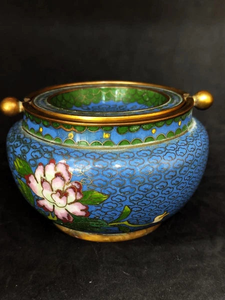 Chinese Antique Cloisonne Bowl Enamel Flowers Fine with Lid