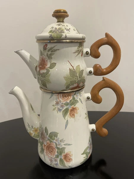 MacKenzie Childs Stacked Camp Yellow Roses Enamel Teapot & Cream