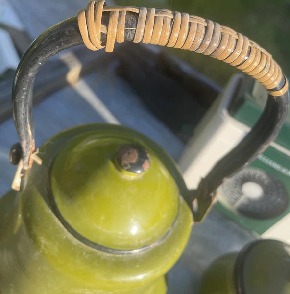 Vintage Collection Of Garden Green Enamelware Tea Pots Cups Container & Tray