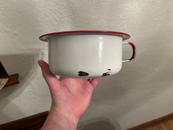 Large vintage enamel tea kettle with matching small basin