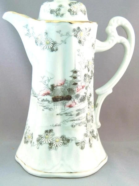 Made in Japan Chocolate Pot w/C&S Pagoda Scene Enamel! 12 Pieces! FAB!