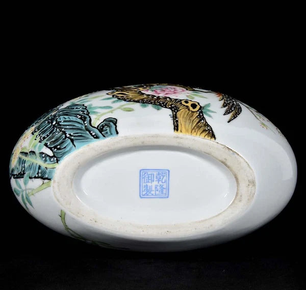 30CM Qianlong Signed Old Chinese Colour Enamel Vase W/bird N3353