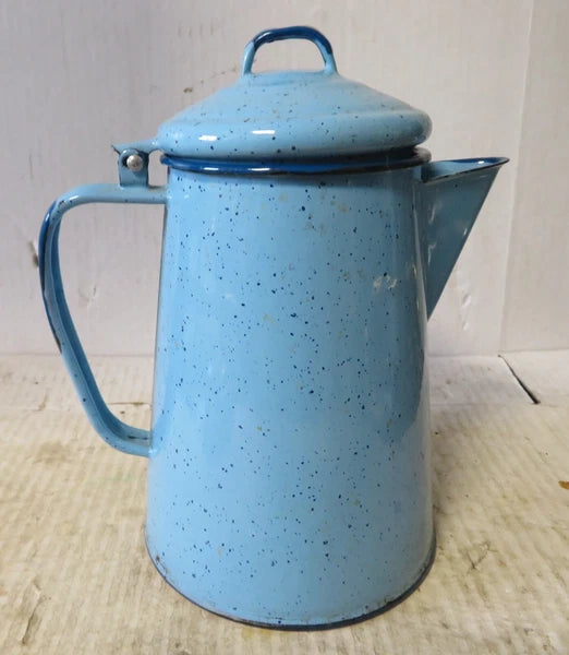 Vintage 6 Cup Blue Enamel Coffee Pot 7.75" Tall Collectible Enamelware Speckled