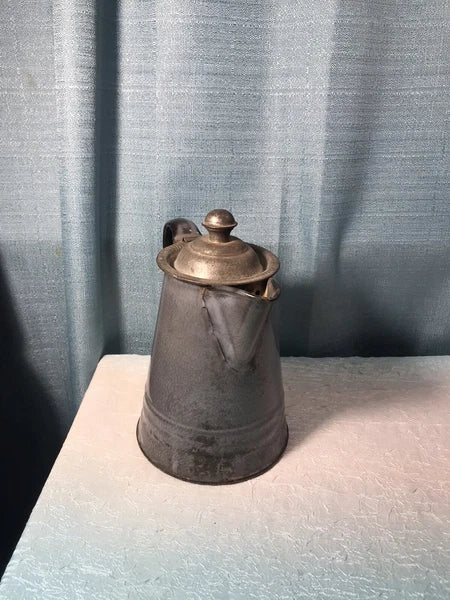 Early Gray Agate Ware Granite Enamel Coffee Tea Pot Cowboy Tin Lid Camping