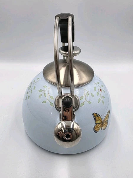LENOX BUTTERFLY MEADOW WHISTLING TEA KETTLE. BLUE ENAMALWARE