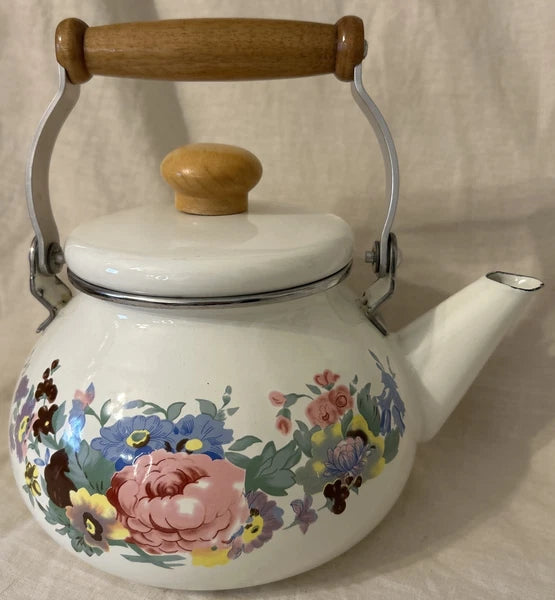 Vintage Enamel Metal Floral Teapot With Wooden Knob & Handle