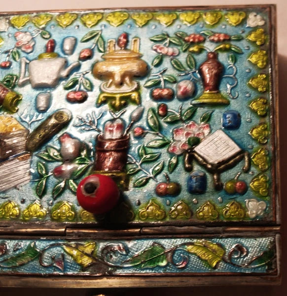 CRUMB CATCHER vtg chinese blue enamel cloisonne coin box teapot vase urn book