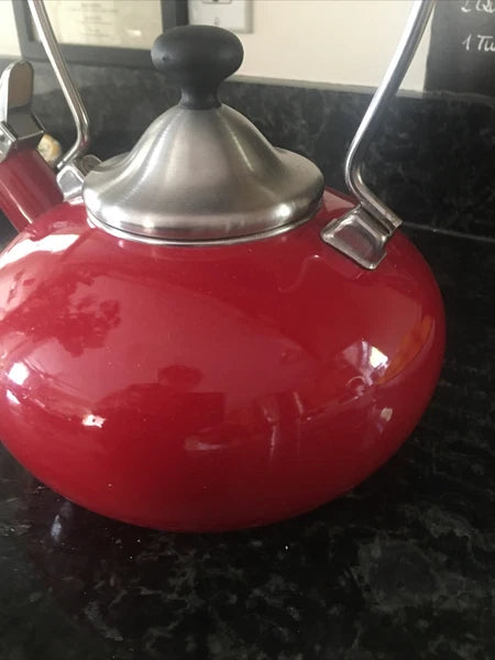 Vintage CHANTAL Whistling Tea Kettle Teapot Stovetop Enamel Red &  Silver Top