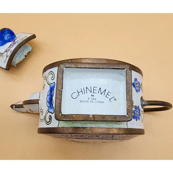 Chinemel by B. Yee Floral Pink Rose Pattern Enamel on Copper Miniature Teapot