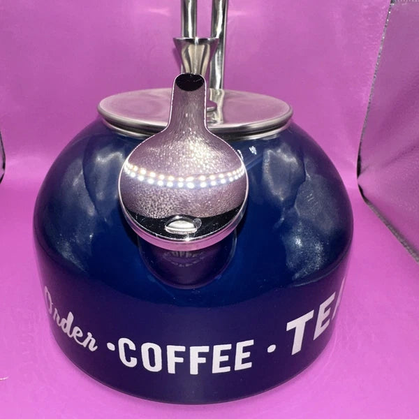 LENOX  KATE SPADE MADE TO ORDER COFFEE TEA KETTLE NAVY BLUE SILVER NICE COND