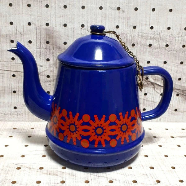 1960s Finel Arabia Enamel Pot Mug Set Red Blue Nordic Mid Century Authen Vintage