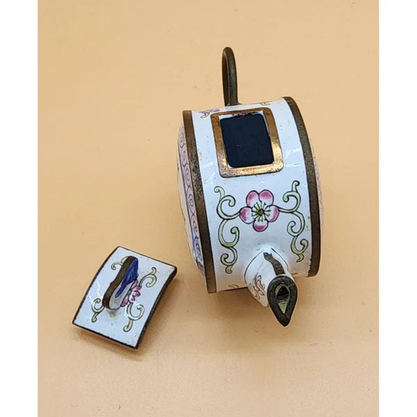 Chinemel by B. Yee Floral Pink Rose Pattern Enamel on Copper Miniature Teapot