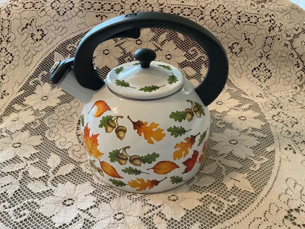 New Temp-tations 2.3-qt Enamel on Steel Tea Kettle Autumn.Fall Seasonal