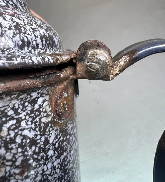 Vintage Enamelware Blue Speckled Kettle With Handle And Attached Lid Farmhouse