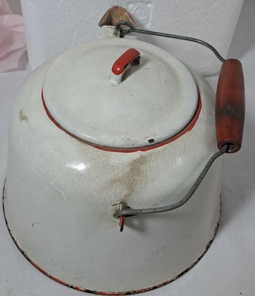 Vintage Enamel Large Tea Kettle, White With Red Trim And Red Handle