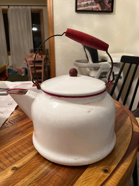 Large vintage enamel tea kettle with matching small basin