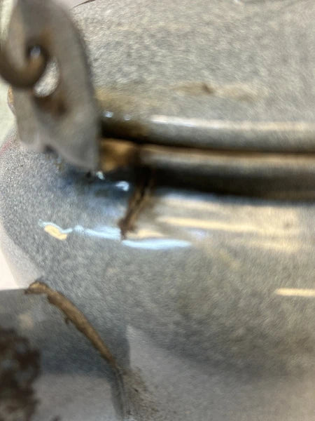 Vintage Gray Speckled Enamelware Large Tea Kettle with Wood Handle on Wire