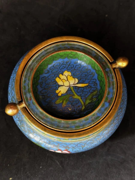 Chinese Antique Cloisonne Bowl Enamel Flowers Fine with Lid