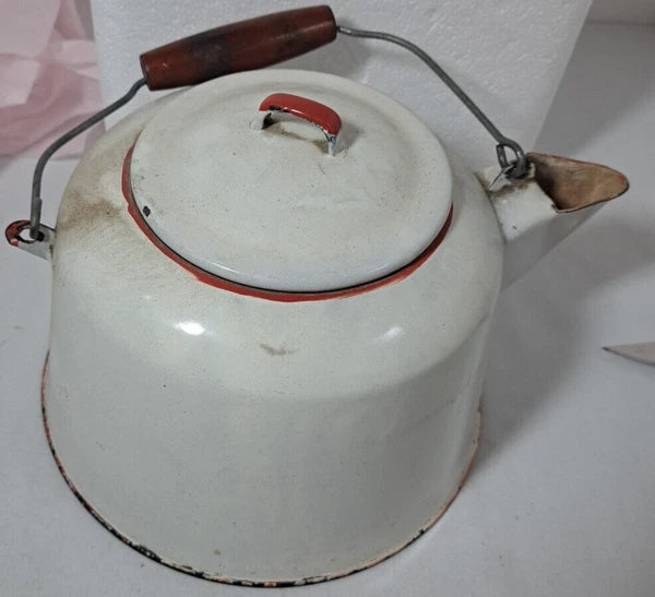 Vintage Enamel Large Tea Kettle, White With Red Trim And Red Handle