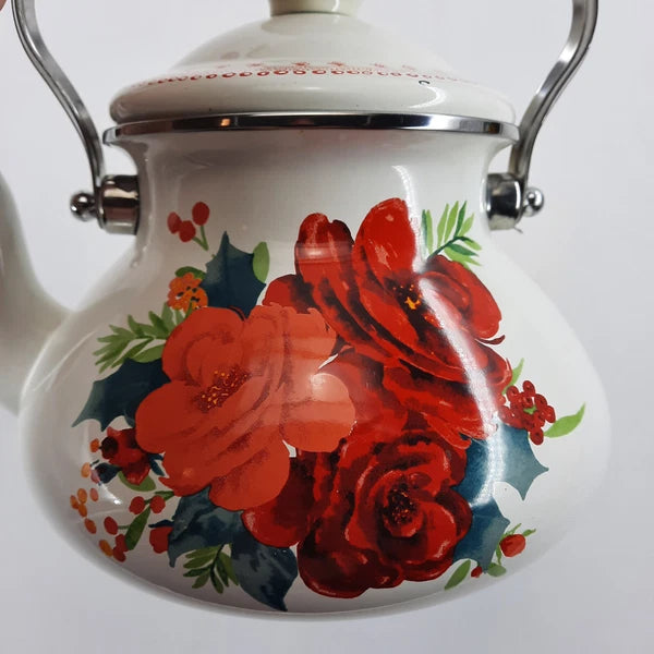 The Pioneer Woman  Enamel Tea Pot 11x9 Inches White & Red Floral Cool Handle EUC