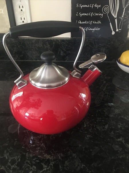 Vintage CHANTAL Whistling Tea Kettle Teapot Stovetop Enamel Red &  Silver Top