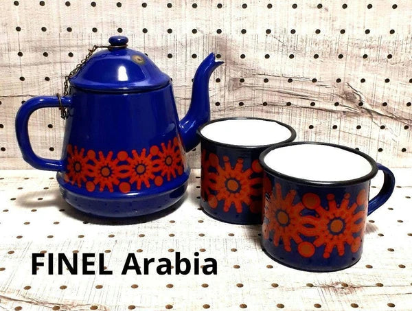 1960s Finel Arabia Enamel Pot Mug Set Red Blue Nordic Mid Century Authen Vintage