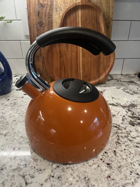 Vintage Copco Orange Enamel Whistling Tea Kettle Model 0706 Arc Handle