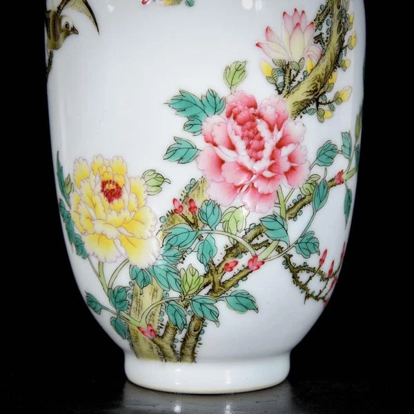 Qianlong Signed Pair Old Chinese Colour Enamel Vase W/bird N3736