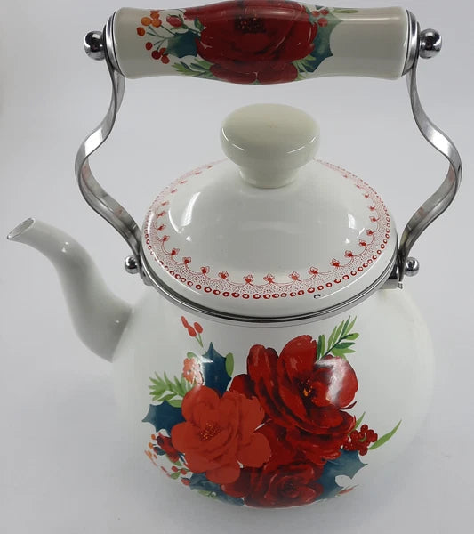 The Pioneer Woman  Enamel Tea Pot 11x9 Inches White & Red Floral Cool Handle EUC