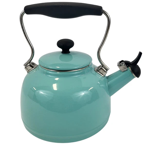 Aqua Blue Enamel Whistling Tea Kettle with Black Handle - 2 Qt