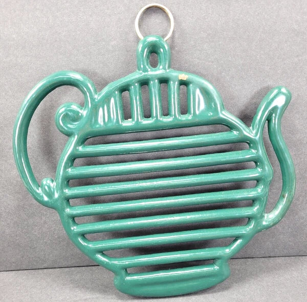 Green Enamel Tea Kettle Cast Metal Trivet Cottage VTG ODI Wall Decor Heavy Duty