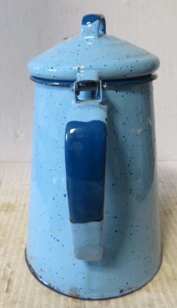 Vintage 6 Cup Blue Enamel Coffee Pot 7.75" Tall Collectible Enamelware Speckled