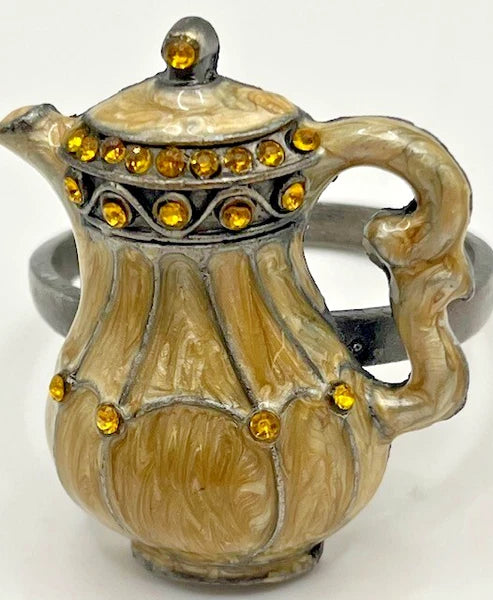 Napkin Rings Enamel & Rhinestone Teapots Set of 3 Green and Gold Classy Country