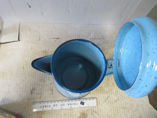 Vintage 6 Cup Blue Enamel Coffee Pot 7.75" Tall Collectible Enamelware Speckled