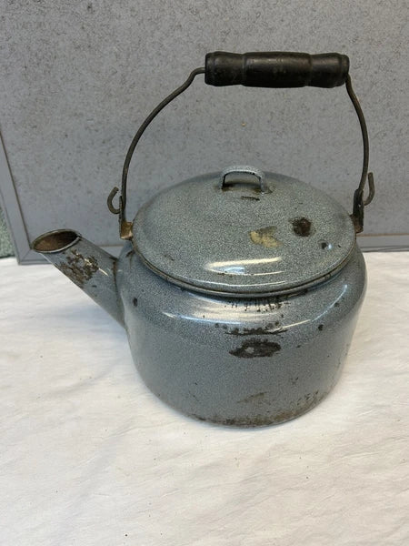 Vintage Gray Speckled Enamelware Large Tea Kettle with Wood Handle on Wire