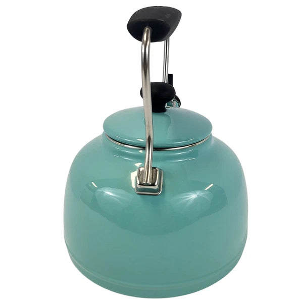 Aqua Blue Enamel Whistling Tea Kettle with Black Handle - 2 Qt
