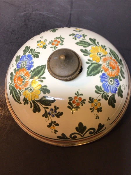 ASTA Enamelware Tea Kettle 1960s Amsterdam Teapot Brass Handles Floral - Germany