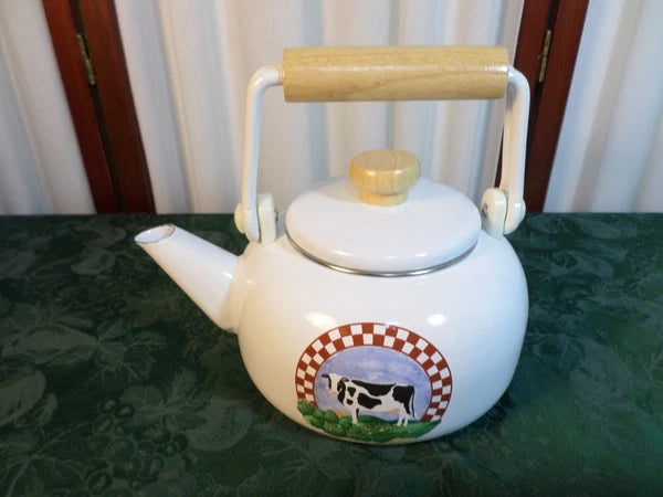 2.5 QT Adorable Vintage Century Holstein Cow Enamel Tea Kettle w/Wooden Handle