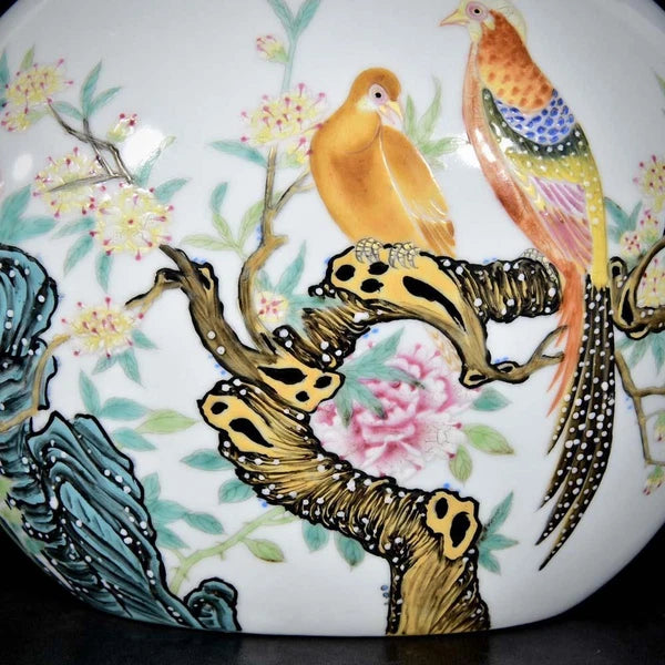 30CM Qianlong Signed Old Chinese Colour Enamel Vase W/bird N3353