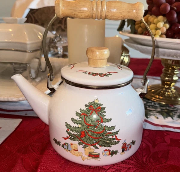Christmas Tea Pot Vtg Enamel Wood Handle Christmas Tree Holiday Decor Kettle