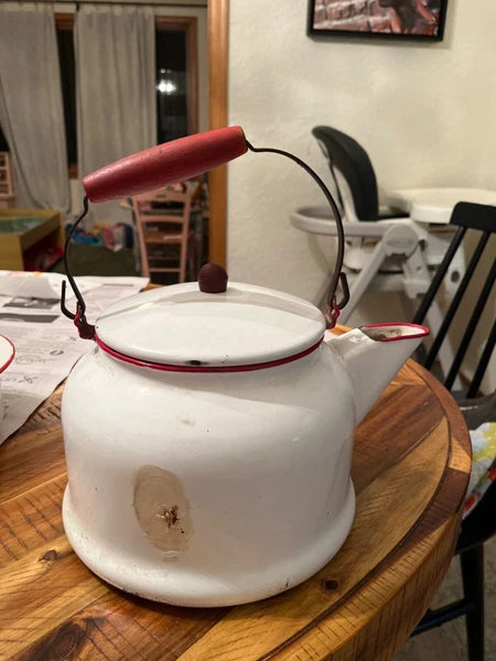 Large vintage enamel tea kettle with matching small basin