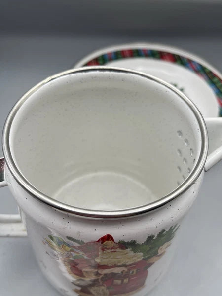 Vintage Hallmark Christmas Santa Enamelware Coffee Pot And Tray Set Farmhouse