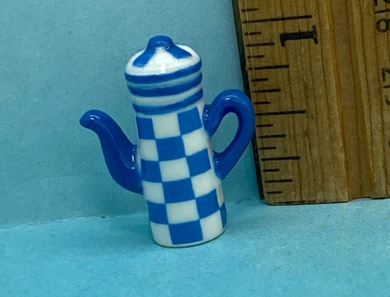 Tiny Blue Checkered Coffeepot Teapot Cooking  French Feves Dollhouse Miniatures