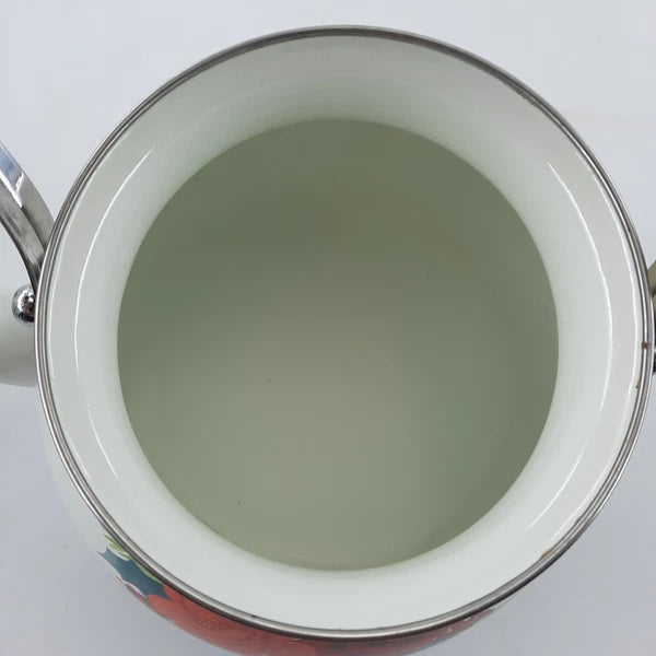 The Pioneer Woman  Enamel Tea Pot 11x9 Inches White & Red Floral Cool Handle EUC