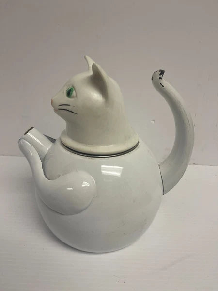 Vintage 1980s COPCO Cat TEA KETTLE White Enamel missing mouse whistle - 948