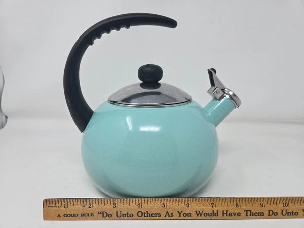 Farberware Luna Whistling Stovetop 2.5qt Tea Kettle Pot Turquoise Aqua Blue EUC