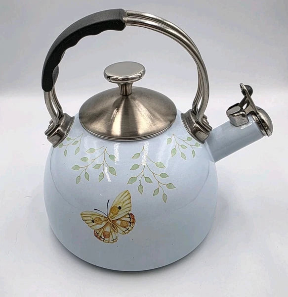 LENOX BUTTERFLY MEADOW WHISTLING TEA KETTLE. BLUE ENAMALWARE