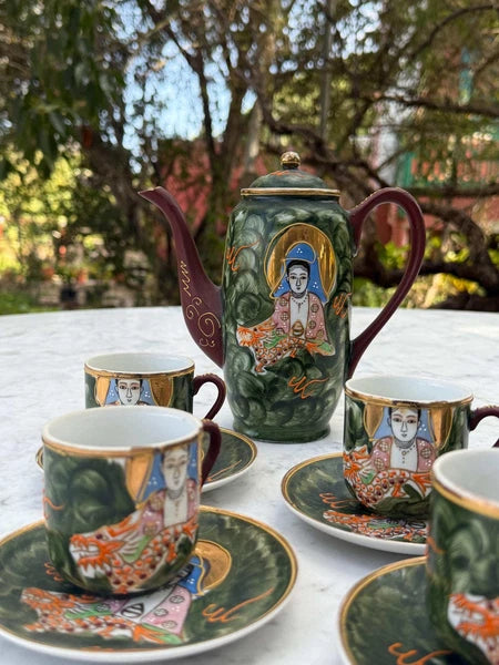 Vintage Hand-Painted Japanese Tea Set – Kutani Moriage Dragon Design, Made in Ja